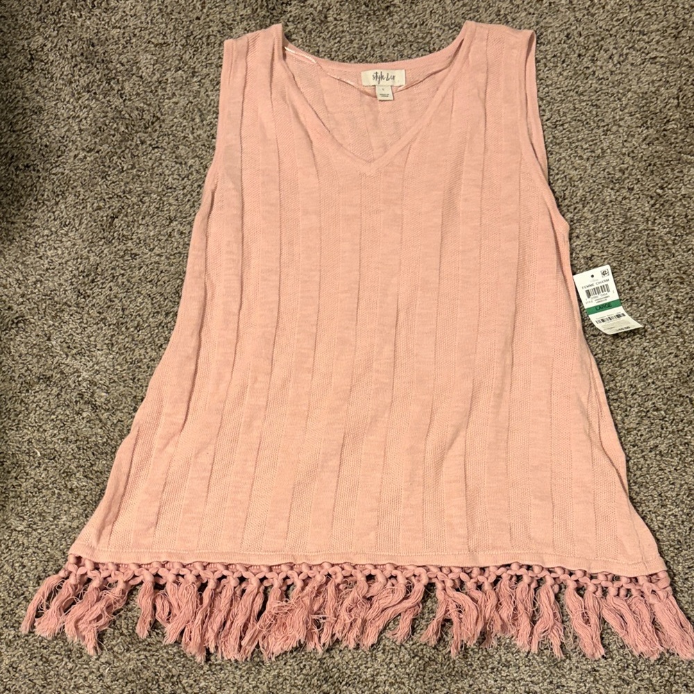 Style & Co. Light Pink V-Neck Sleeveless Knit Tank with Tassel Hem
